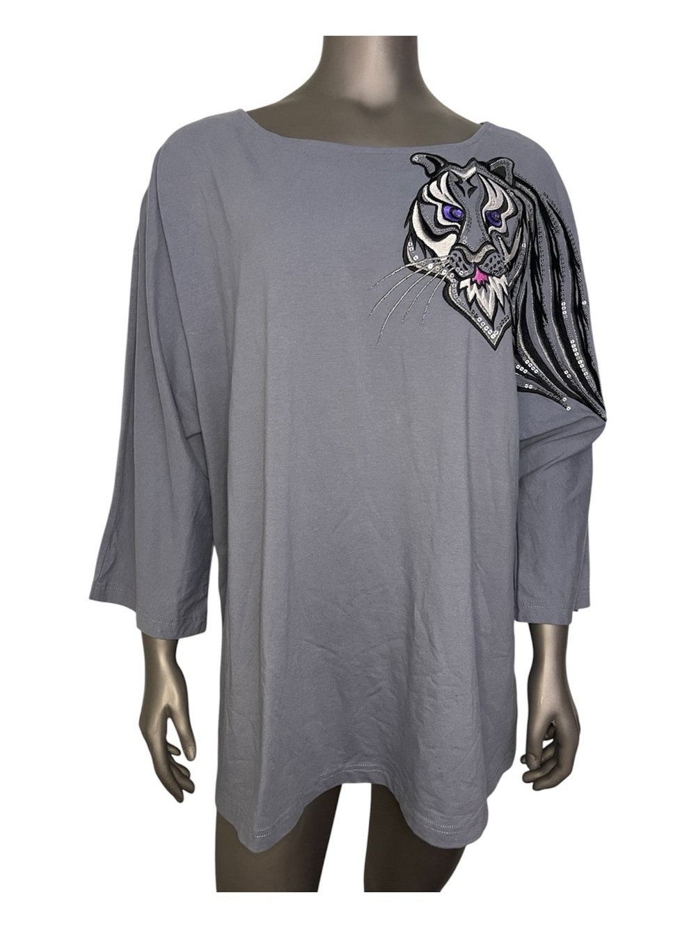 Bob Mackie Popover Top 2X Blue Gray Sequined Glitz Tiger Embroidered Tunic Bold